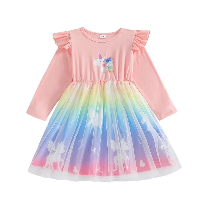 Dress For Kids 2-7 Years old Cute Cartoon Unicorn Ruffled Colorful Tulle Sleeve Princess Dresses Ootd For Baby Girl