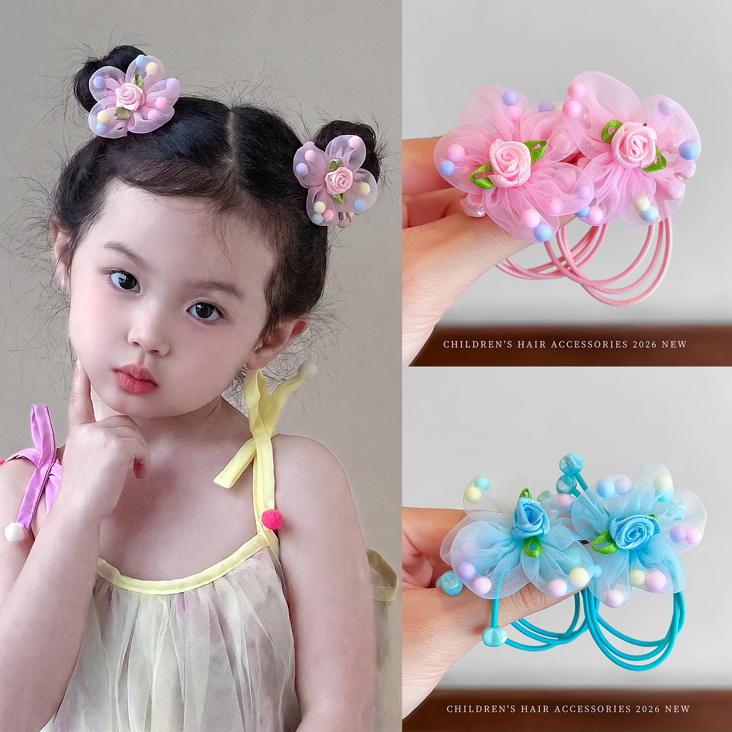 2026 Neue Süße Makronen-Farbige Blumen-Haargummis für Mädchen und Frauen Organza-Tüll-Stoff Rosen-Elastikband Accessoires – Detail 1