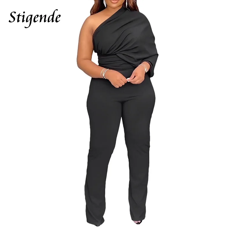 

Stigende Women One Shoulder Irregular Ruched Jumpsuit Slash Neck Long Sleeve Solid Color Jumpsuit