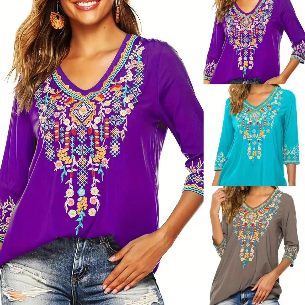 

Y2K spring and summer new floral print V-neck T-shirt fashion casual medium short-sleeved top bohemian style loose top