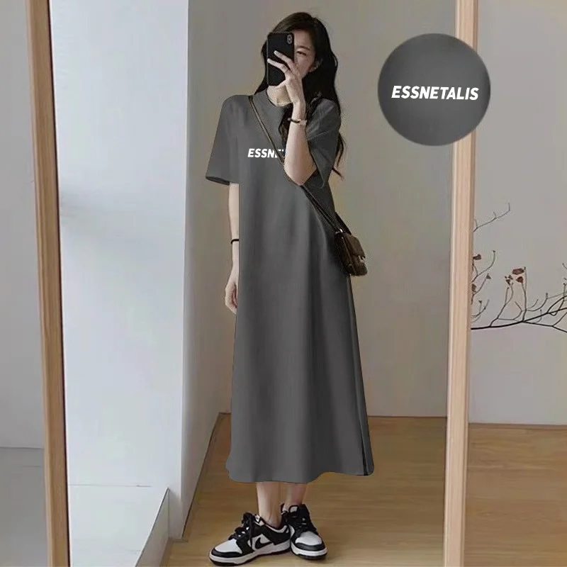 Korean Fashion Women Long T‑Shirt Dress ESSNETALIS Letter Print Short Sleeve Oversized Maxi Dress Casual Loose Daily Outfit