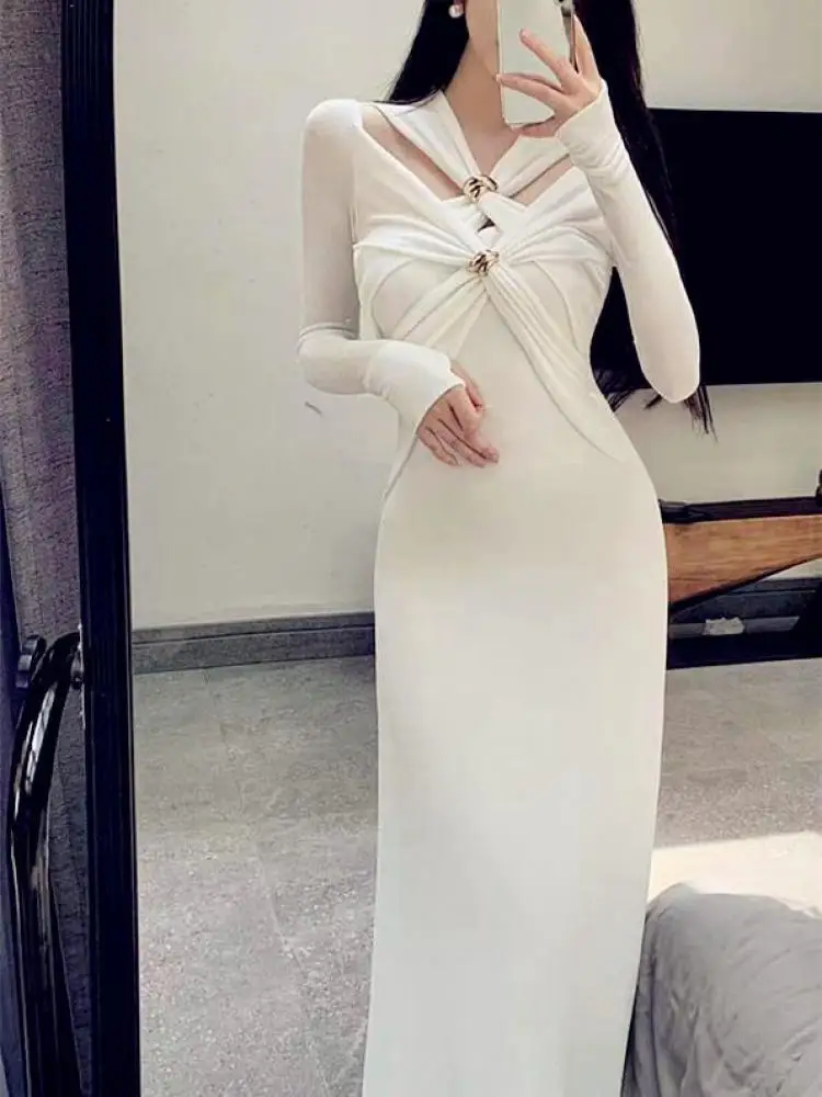 

Autumn Winter French Fashion White V Neck Slim Long Sleeve Pleated Dress Vintage Women Elegant Hollow Out Wrapped Hip Dress Chic