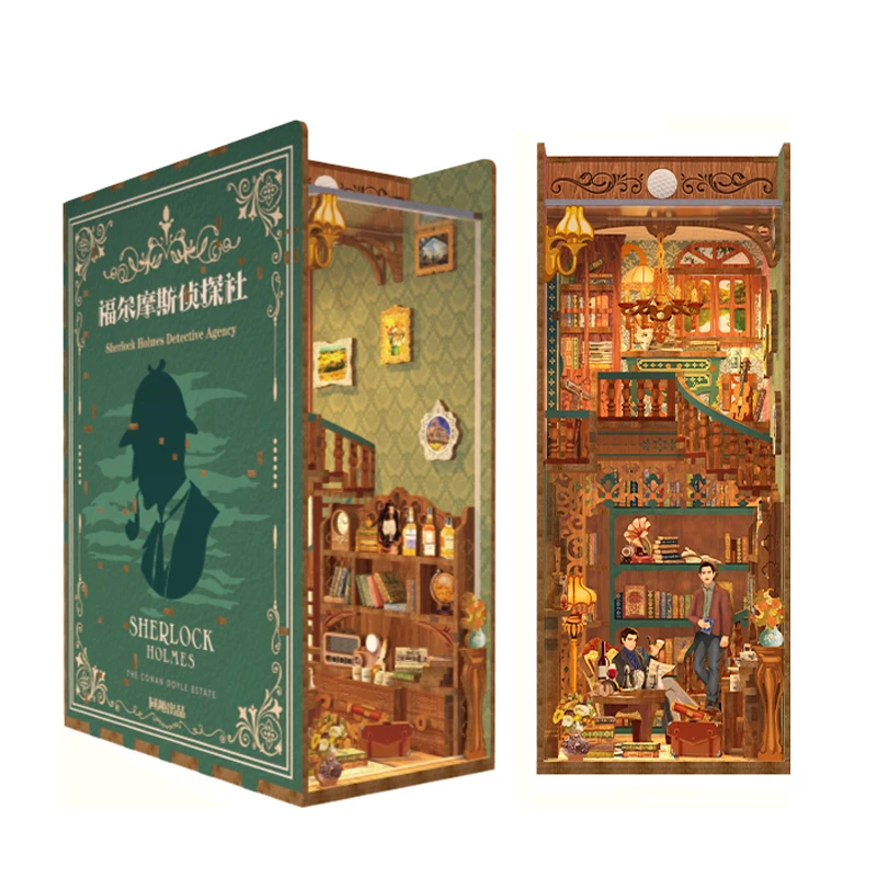 DIY Wooden Book Nook Shelf Insert Kits Holmes Detective Agency Reaction Bookends Toy Bookshelf for Friends Gifts Home Decoration