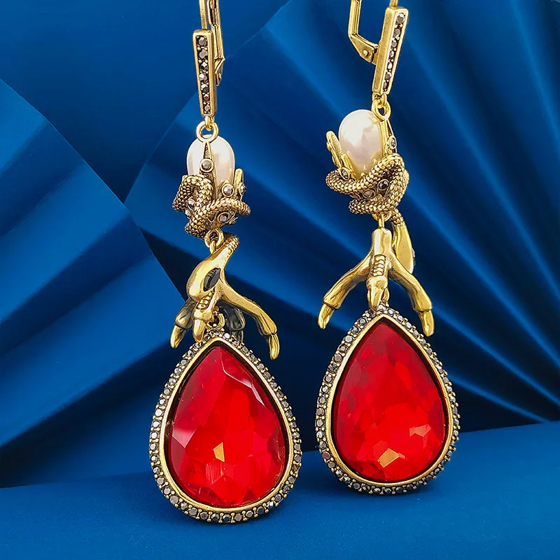 European And American Exaggerated Retro Black Gemstone Earrings, Snake Eagle Claws, Long Water Droplet Earrings