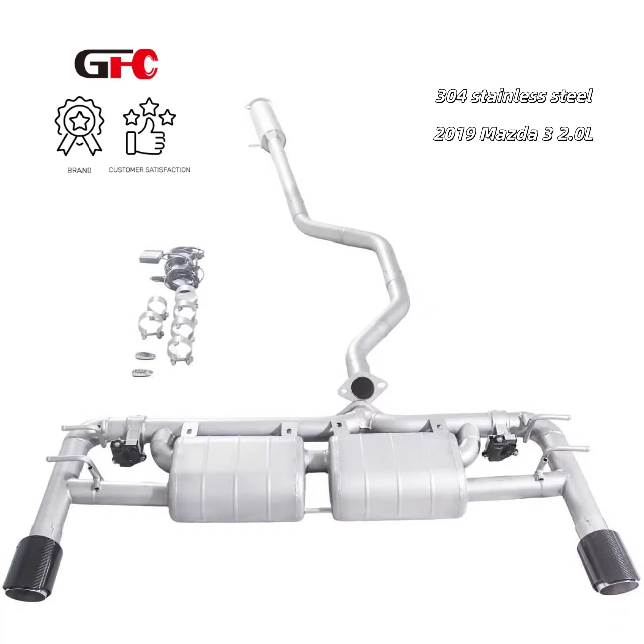 

GFC catback SUS304 high-performance exhaust system, with valve muffler and 2 tips. Suitable for the 2019 Mazda 3 2.0L