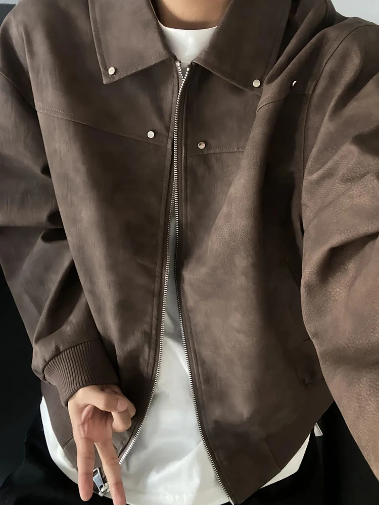 

Коричневая мужская мотоциклетная куртка-бомбер с хлопковым наполнителем, винтажная, с отложным воротником, в американском стиле, бейсбольная хлопковая куртка