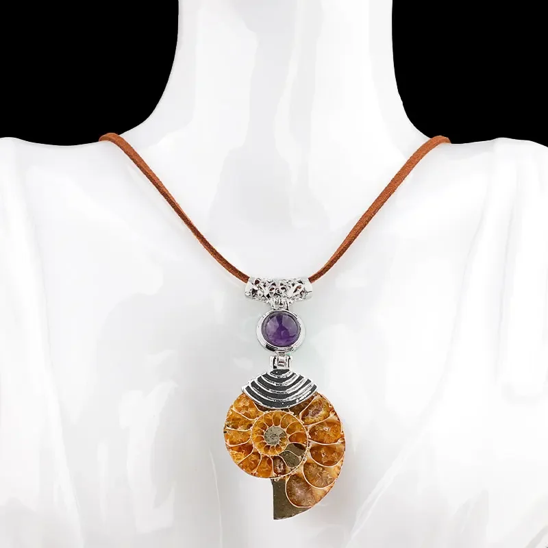 Amethyst Ammonite Stone Pendant Necklace Adjustable Leather Cord Women Men Unisex Healing Chakra Jewelry