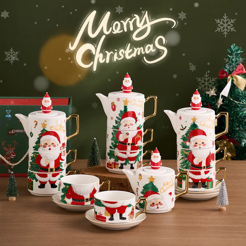 Christmas Teapot Set with Gold Trim, Ceramic Pot & 2 Cups Gift Box, Instagrammable Holiday Tea Set اكواب ديزني