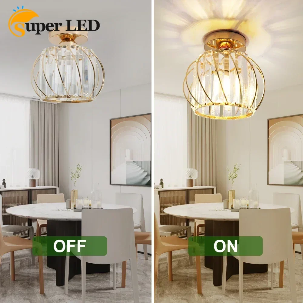 

Modern Manufacture European Style E27 Iron Semi Flush Mount Ceiling Lighting Fixture for Home Gold Luxury Crystal Ceiling Lamps