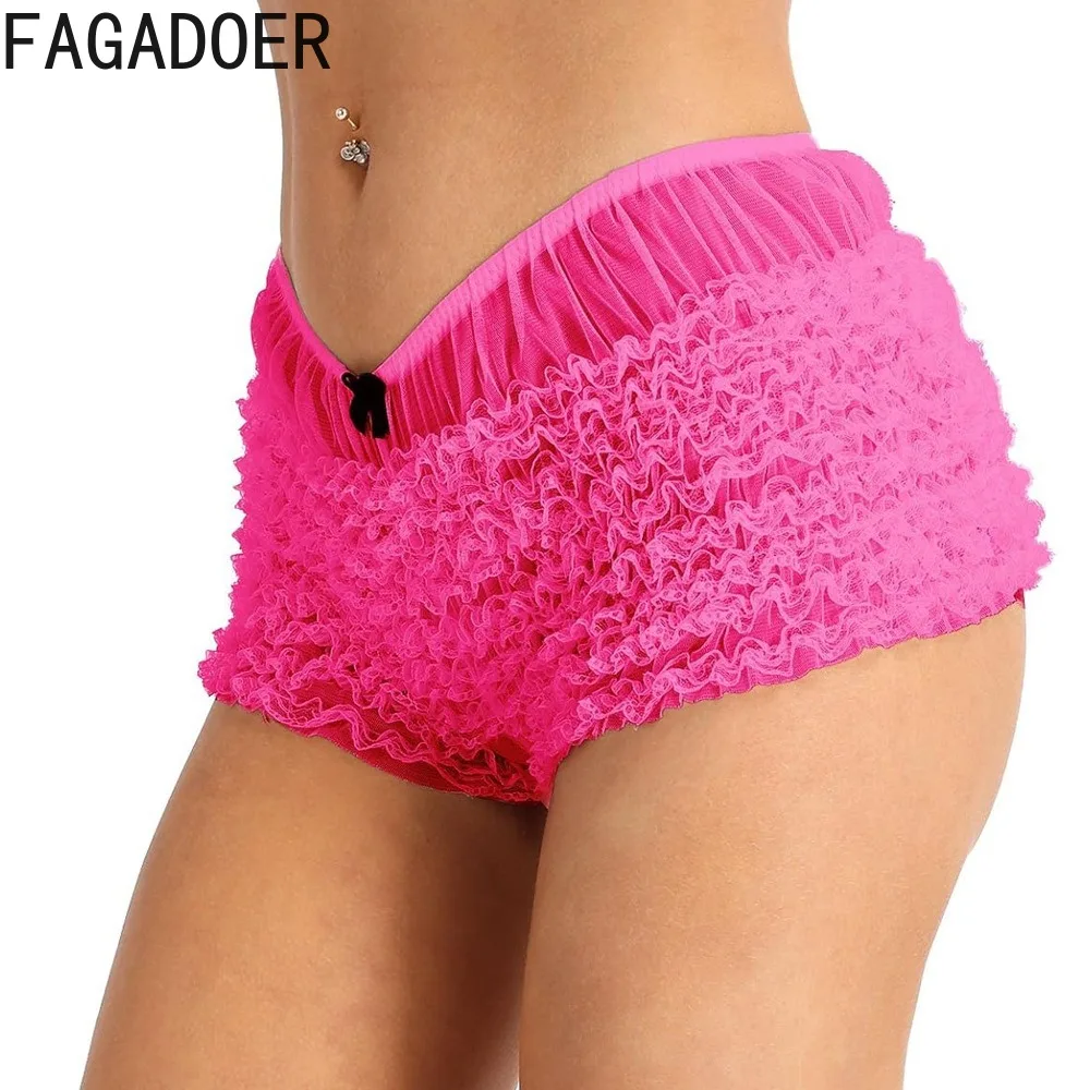 FAGADOER Y2K Cute Sweet Lace Shorts Women Solid Color Low Waist Ruched Patchwork Bodycon Shorts Hot Girl Streetwear Bottoms