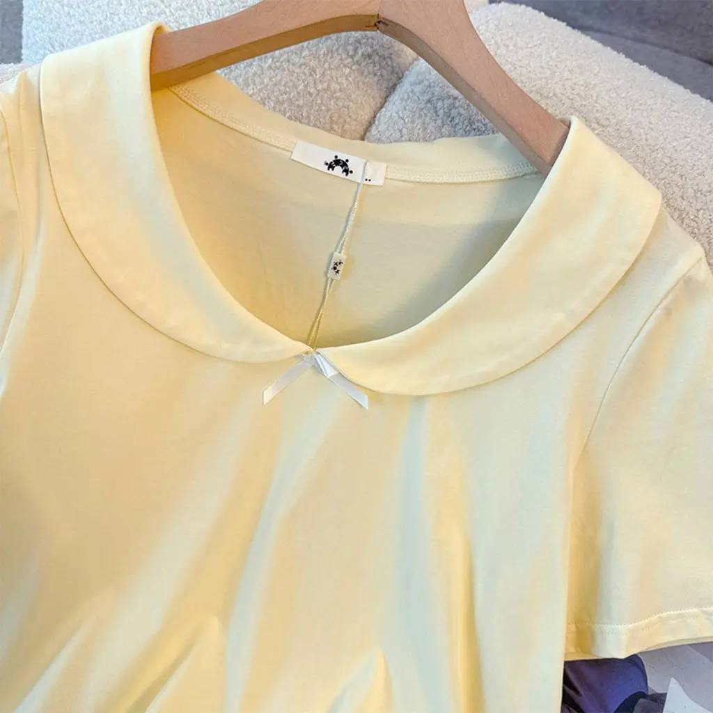 Camiseta feminina plus size de manga curta, 65-175kg, estilo suave, gola de boneca, novo verão, aparência de emagrecimento, moda casual