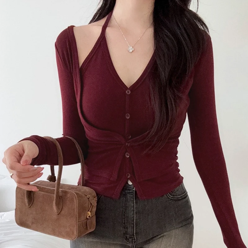 

Korean Dongdaemun Halter Neck Long Sleeve T-Shirt Sexy Hottie Slim Fit Versatile Elegant Women's Top Spring New Solid Knit Tees