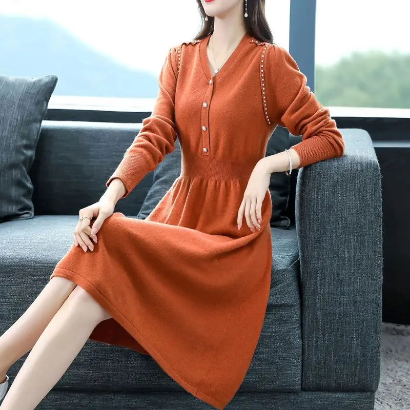 Fashionable Bottom Dress For Women's 2023 Autumn/Winter New Collection Waist Slimming Stitching Bead Knitted Mid Length Skirt