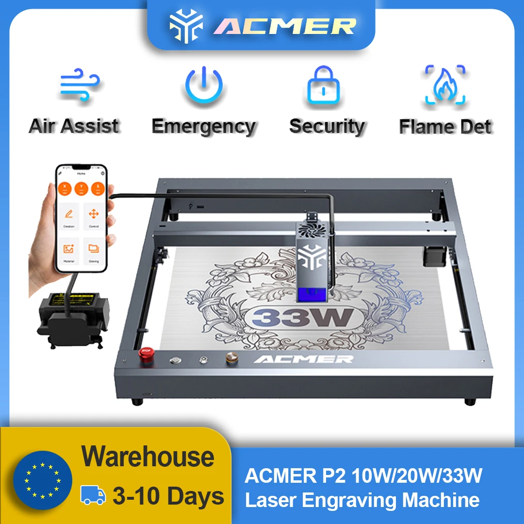 ACMER P2 Laser Engraver 33W 20W 10W with Air Assist Industrial Rails WIFI Engraving Cut Machine Carve Wood Leather for Business