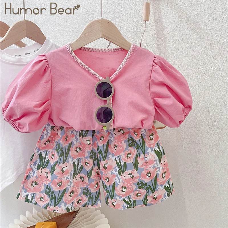 Humor Bear Girls Clothing Set Summer Single-breasted Puff Sleeve+Flower Shorts Toddler Kids Clothes Kids Children Clothes Suit