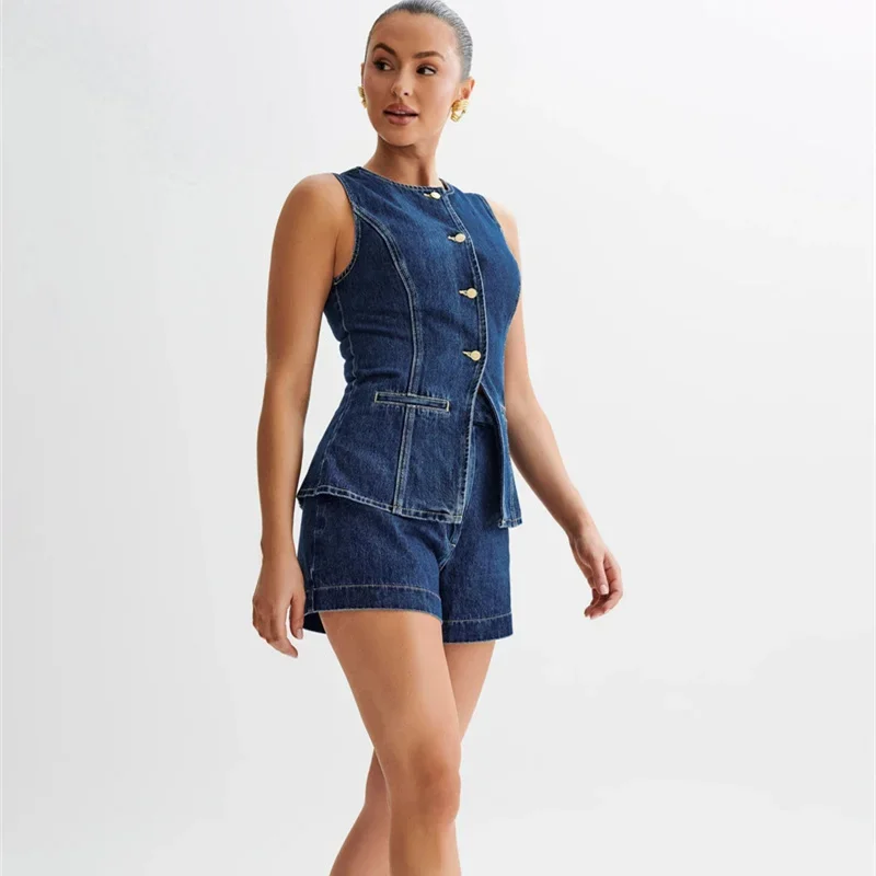 

Лето 2025 г., джинсовый костюм-двойка, женские повседневные комплекты, жилеты без рукавов, короткие топы, широкие короткие джинсы с высокой талией, комплекты из 2 предметов