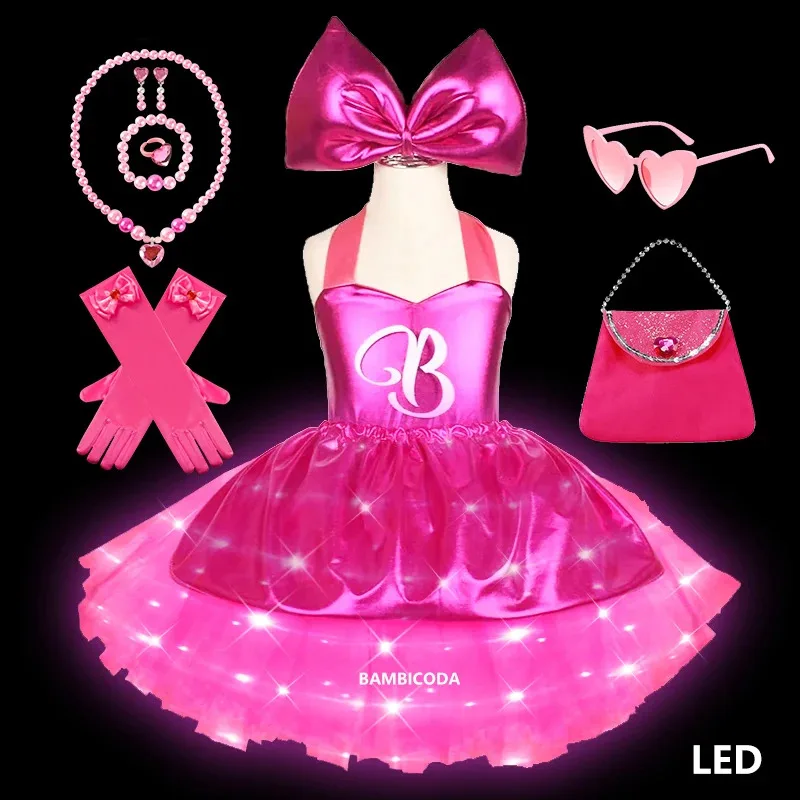 Disfraces de Cosplay de Barbie para fiesta de carnaval para niñas y niños, vestidos de princesa rosas, tirantes de malla con accesorios para pendientes y gafas