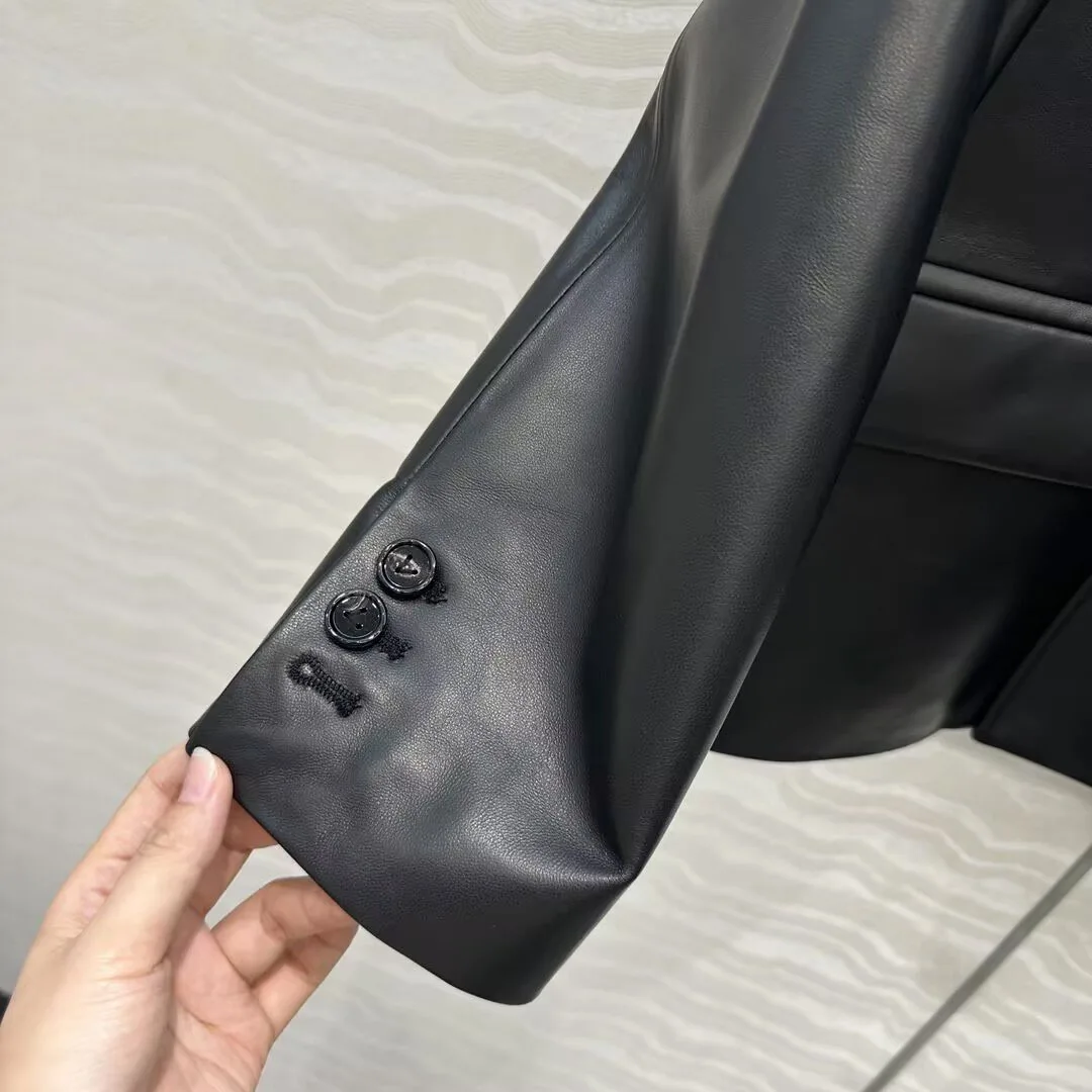 Top Quality 100% Sheepskin Suit Jacket Women Notched Long Sleeve Four Buttons Black Cool Genuine Leather Unisex Style Retro Coat