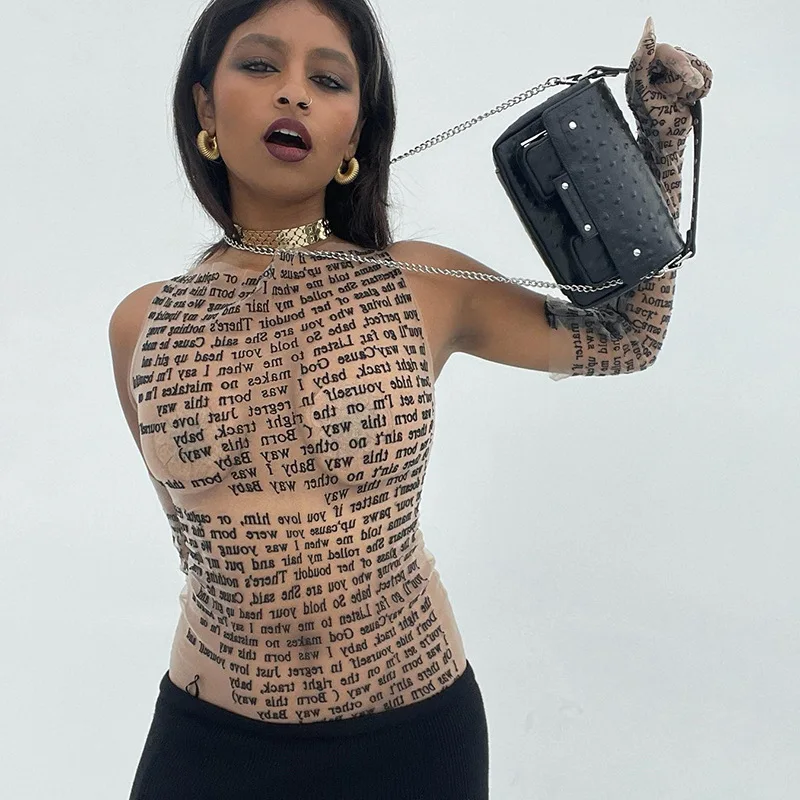 

2025 модный пуловер с круглым вырезом, сетчатая футболка без рукавов с буквенным принтом, топ Spice Girl