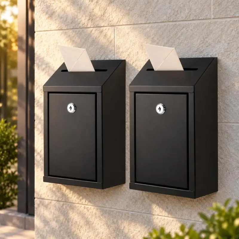 2 Pack Locking Wall-Mounted Mailboxes, Black Metal Letter Boxes with Upper Mail Openings and Locking Front Access for Home