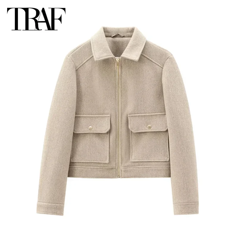 TRAF Women\'s Outerwear White Khaki Green Coat 2024 Autumn Winter Elegant Long Sleeve Wool&Blend Jacket Lady Fashion Casual Coat