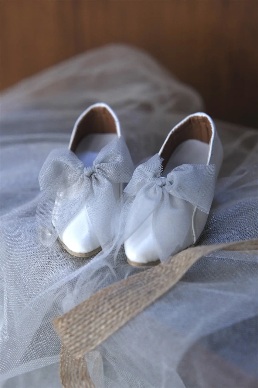 BJD Doll Shoes Toys Girls White Leather Beautiful Bow Elegant Simple Small 1/3 Pointy Toe High Heels Gifts Doll Accessories
