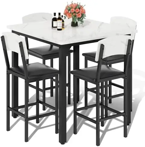 5-Piece Dining Table Set, Dining Table Set for 4, Counter Height Table & 4 Bar Stools, Modern Kitchen Dining Set, with