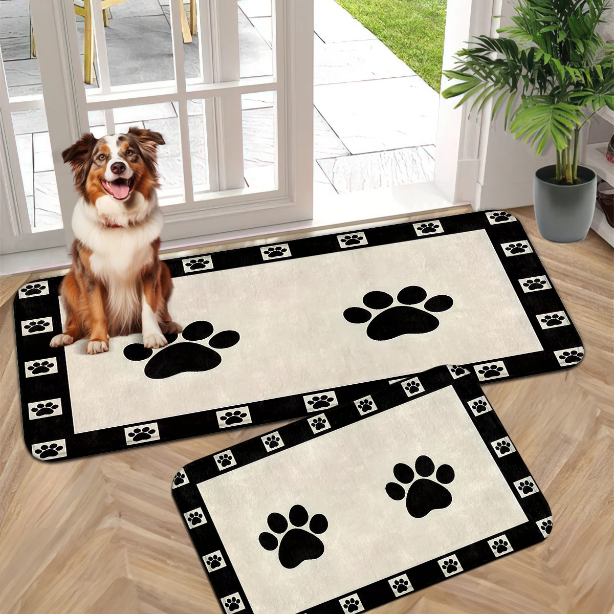 Black Edge Paw Cream Mat, Cow Spot Calf Door Mat, Gradient Pink Heart Runner, Simple Black White Cat Pink Fish Mat Set.