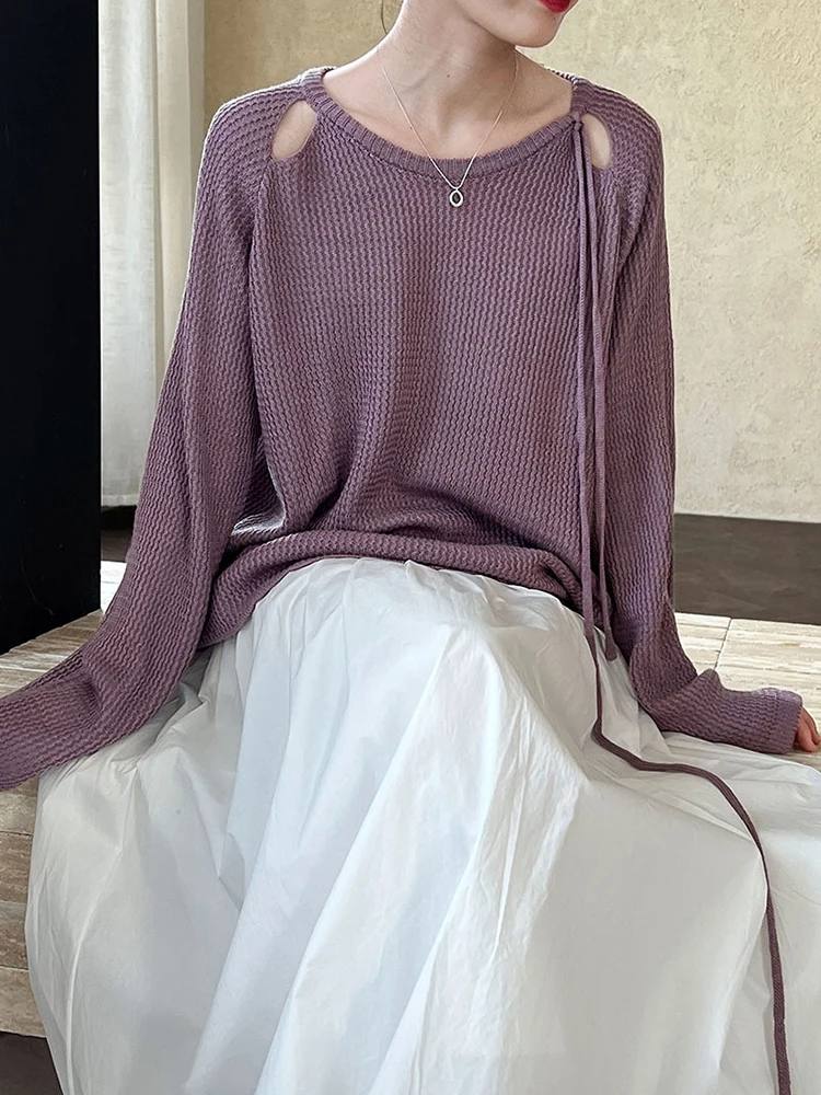 [EAM] Beige Hollow Out Big Size Knitting Sweater Round Neck Long Sleeve Women Pullovers New Fashion Spring Autumn 2024 1DH6778