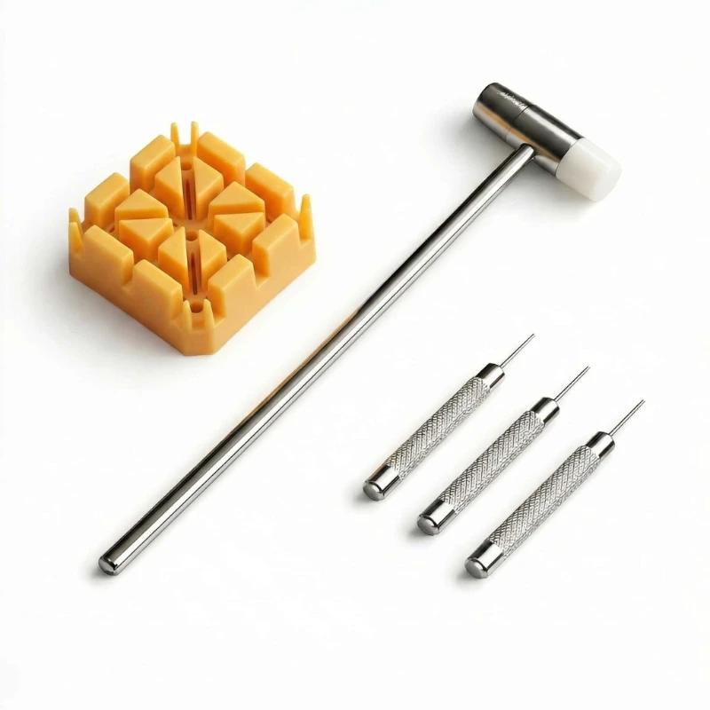 Watch Strap Link Pin Remover Repair Tool Set, Metal Hammer, Watchband Holder Block with 3Pcs Punch Needles for Size Adjustment