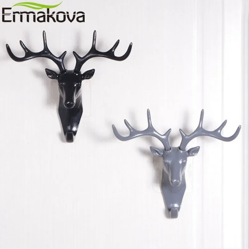 ERMAKOVA Self Adhesive Hook ABS Hook Wall Mounted Sticky Key Towel Hats Coat Robe Hook Holder Hanger Deer Head Kitchen Rack