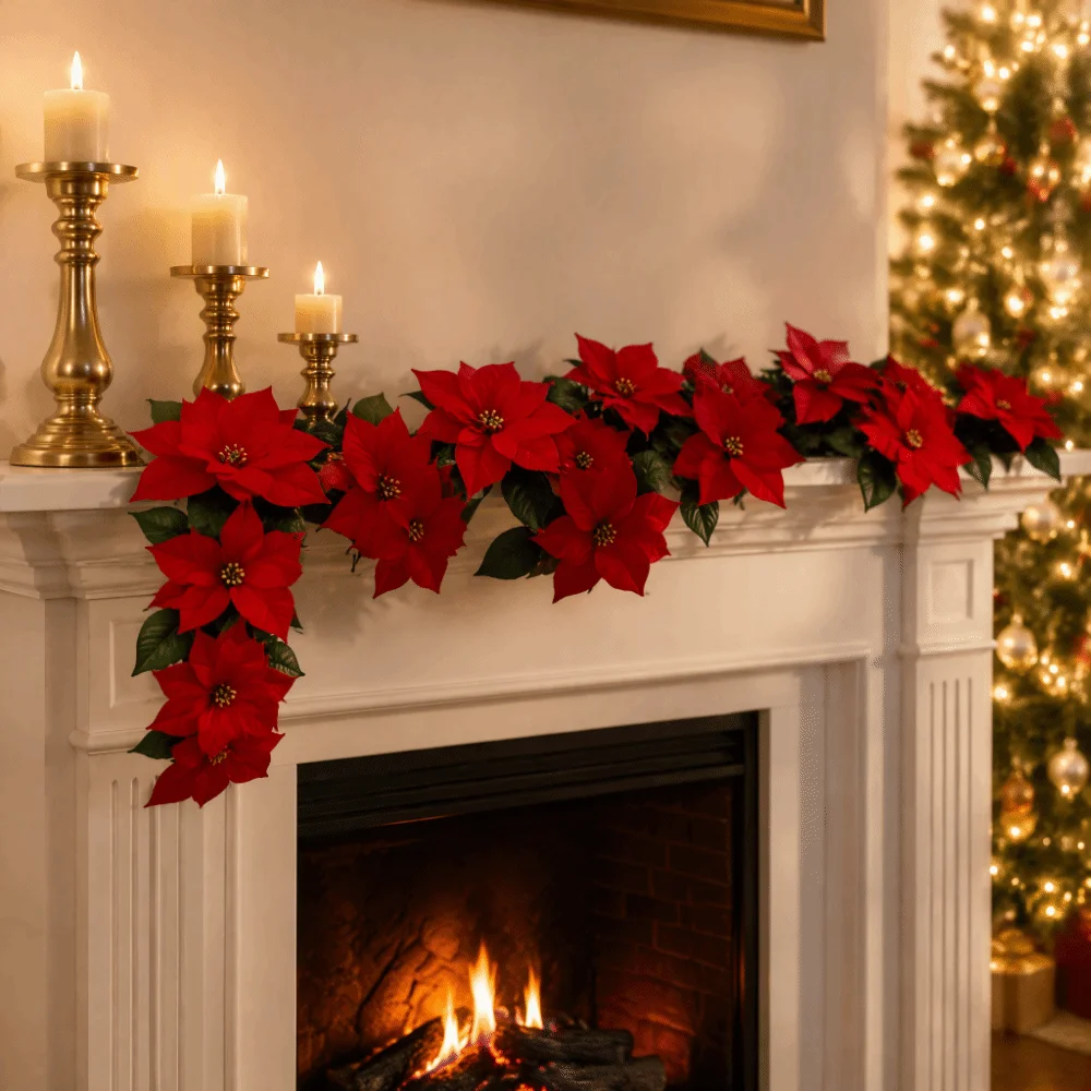 New Realistic Christmas Garland Decoration Red Convenient Artificial Flowers Vintage Lightweight Poinsettia Vine Fireplace