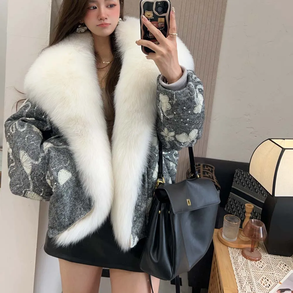 Veste Parka à col en fourrure pour femme, vêtement d'extérieur chaud, luxueux, grand col, à la mode, manteau Parka en fourrure de renard, hiver