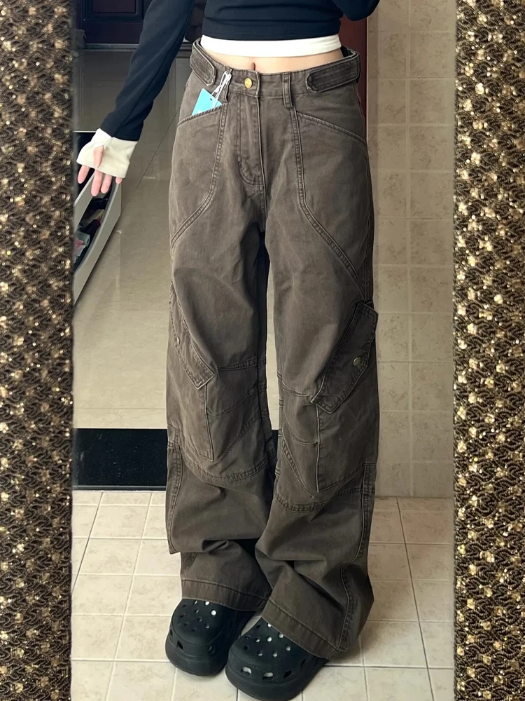 

Модные мужские прямые брюки для спецодежды, весенне-осенние повседневные брюки в американском стиле ретро с широкими штанинами, дизайн сращивания