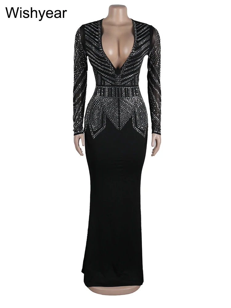 Wishyear Dames Sexy Doorzichtige Mesh Strass Maxi Jurk Met Lange Mouwen Luxe Verjaardag Prom Jurk Trouwfeest Vestidos