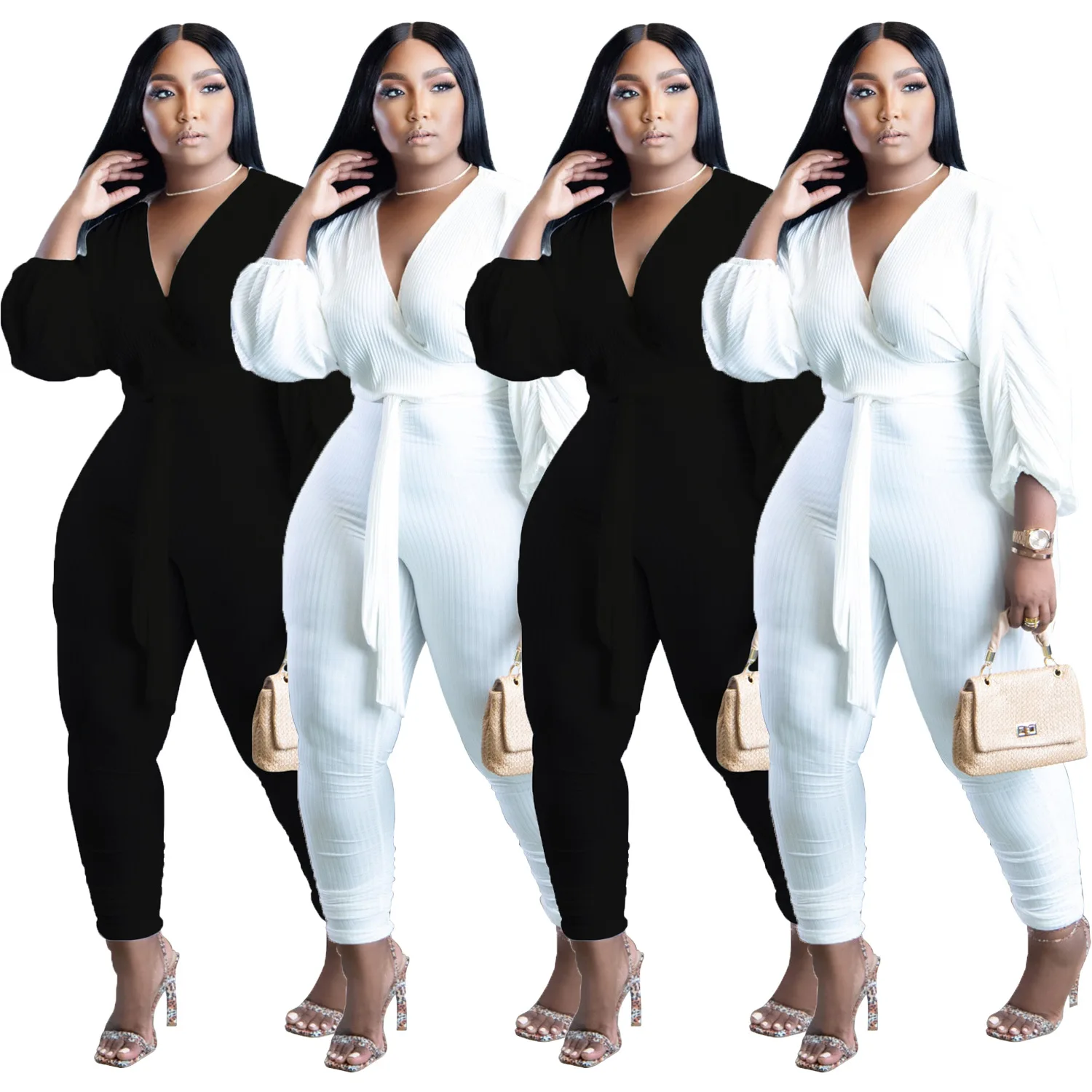 SOMO 2022 Casual Ribbed Plus Size Jumpsuit Women Autumn Clothes Solid Color Skinny One Piece Outfits Wholesale Dropshipping