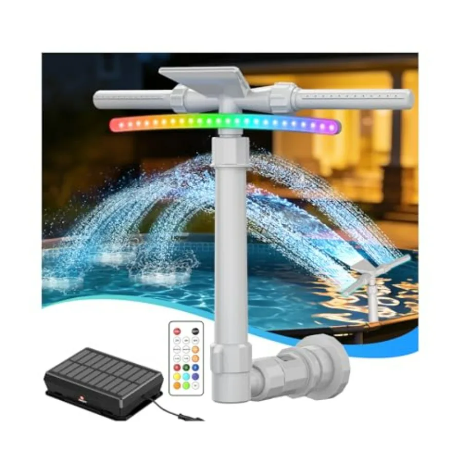 

Солнечный фонтан для бассейна с 9-цветной LED-подсветкой, двухголовочный регулируемый водопадный распылитель, охлаждающий воду, 10-20F, с дистанционным управлением и датчиком света
