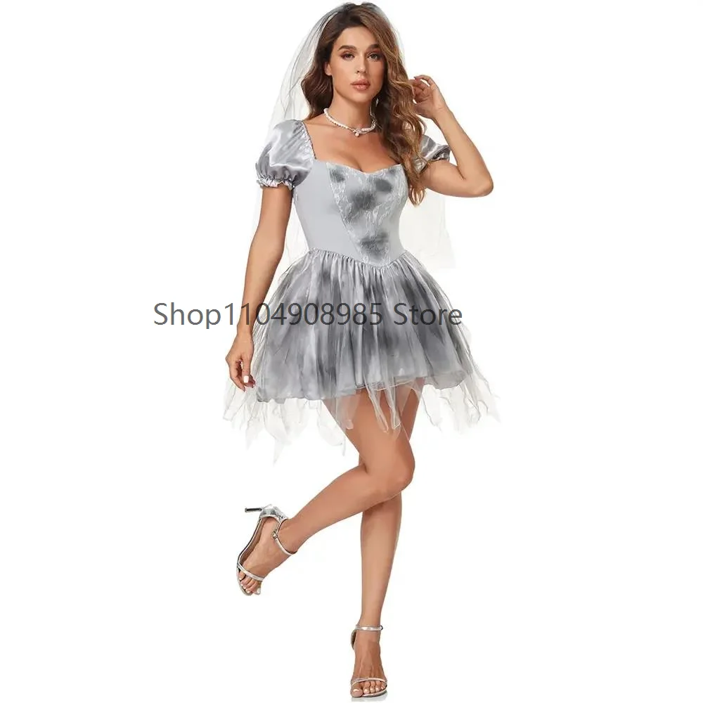 

OA1 Halloween Zombie Ghost Bride Cosplay Mexican Day of the Dead Horror Costume Bachelor Party Vampire Short Sleeve LaceDress