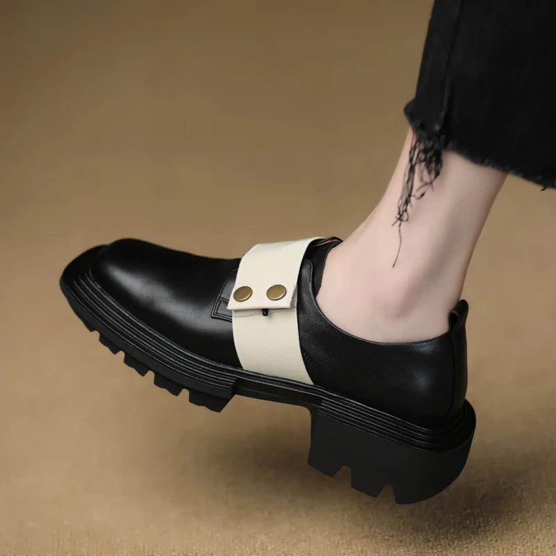 Thick Sole Dress Prom Career Shoes Square Toe Leather Women Shoes Spring Autumn Cowhide Med Heel Loafers Woman Platform Shoes