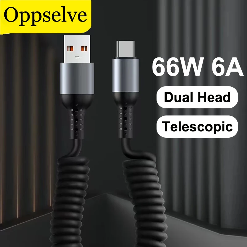 

100W 6A USB Type C Spring Pull Telescopic Data Cable For Xiaomi Redmi Samsung Phone Fast Charging Car USB Cord For Data Transfer