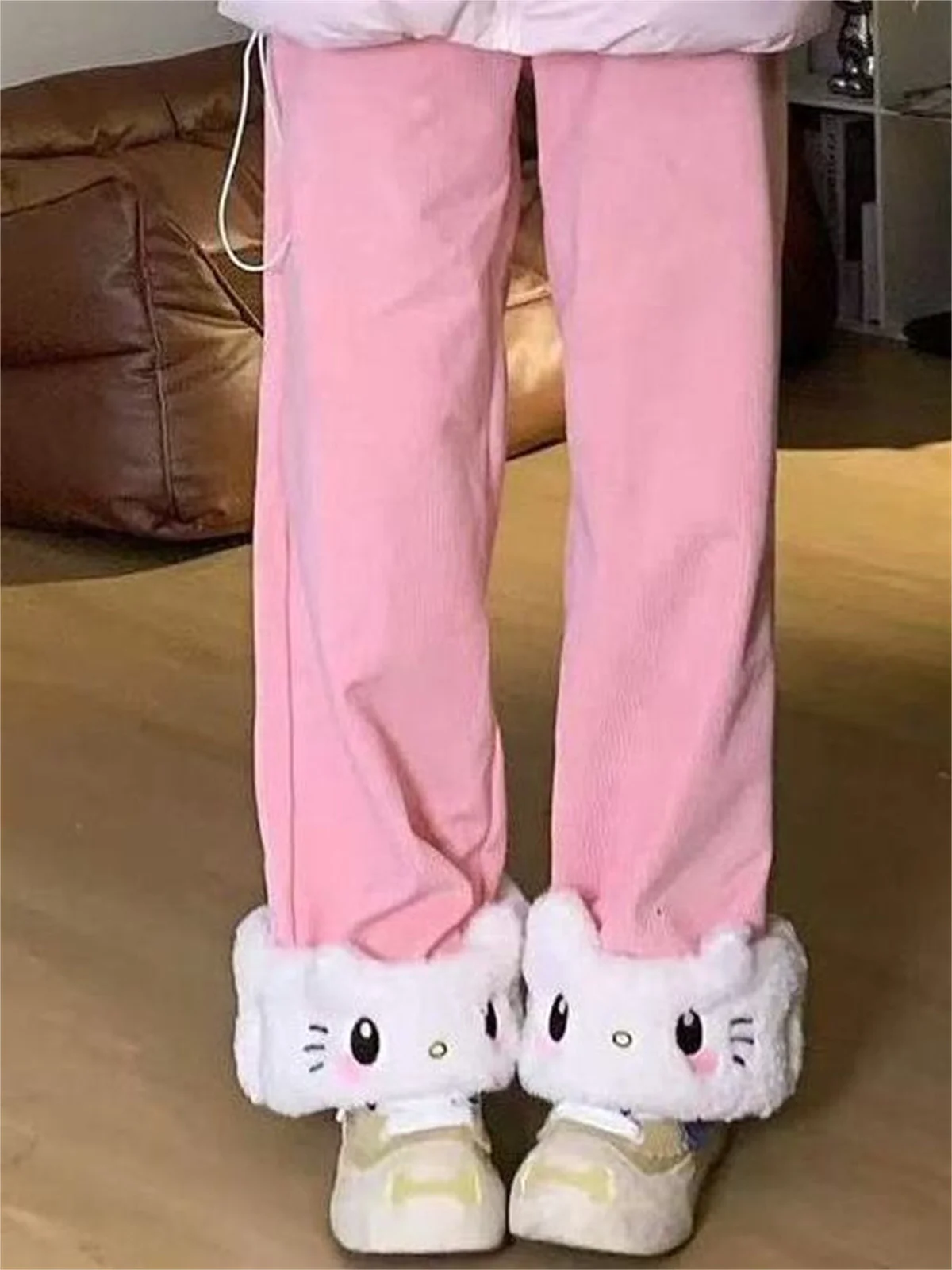 Herbst Winter Japanische Süße Lolita Hochgeschnittene Cordhose Kawaii Cartoon Katze Warme Weite Hose Y2k Lose Niedliche Hose – Detail 4