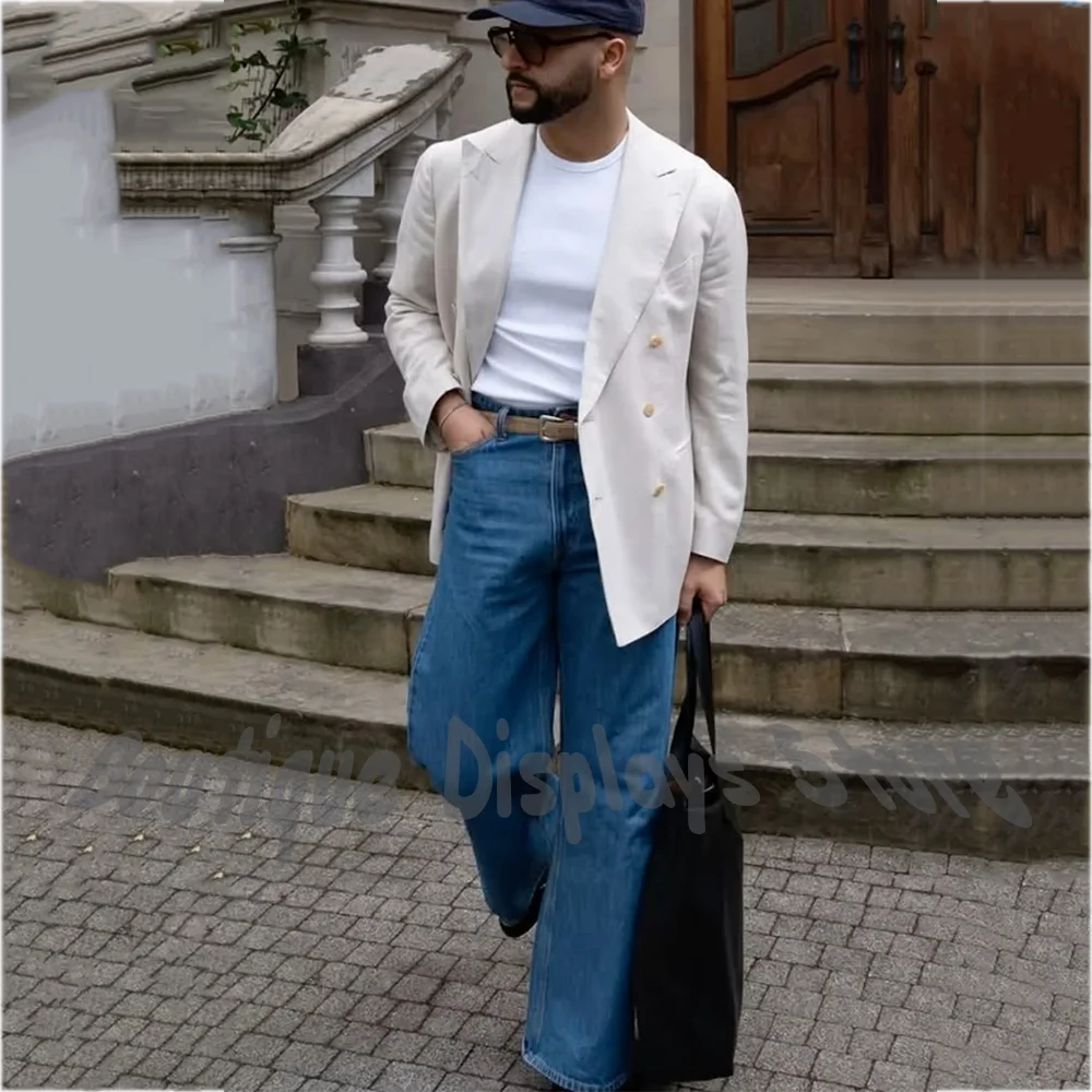 

Chic Casual Men Suit 2 Piece Double Breasted Blazer Denim Pants Fashion Streetwear Business Daily Male Outfit Tailored Made