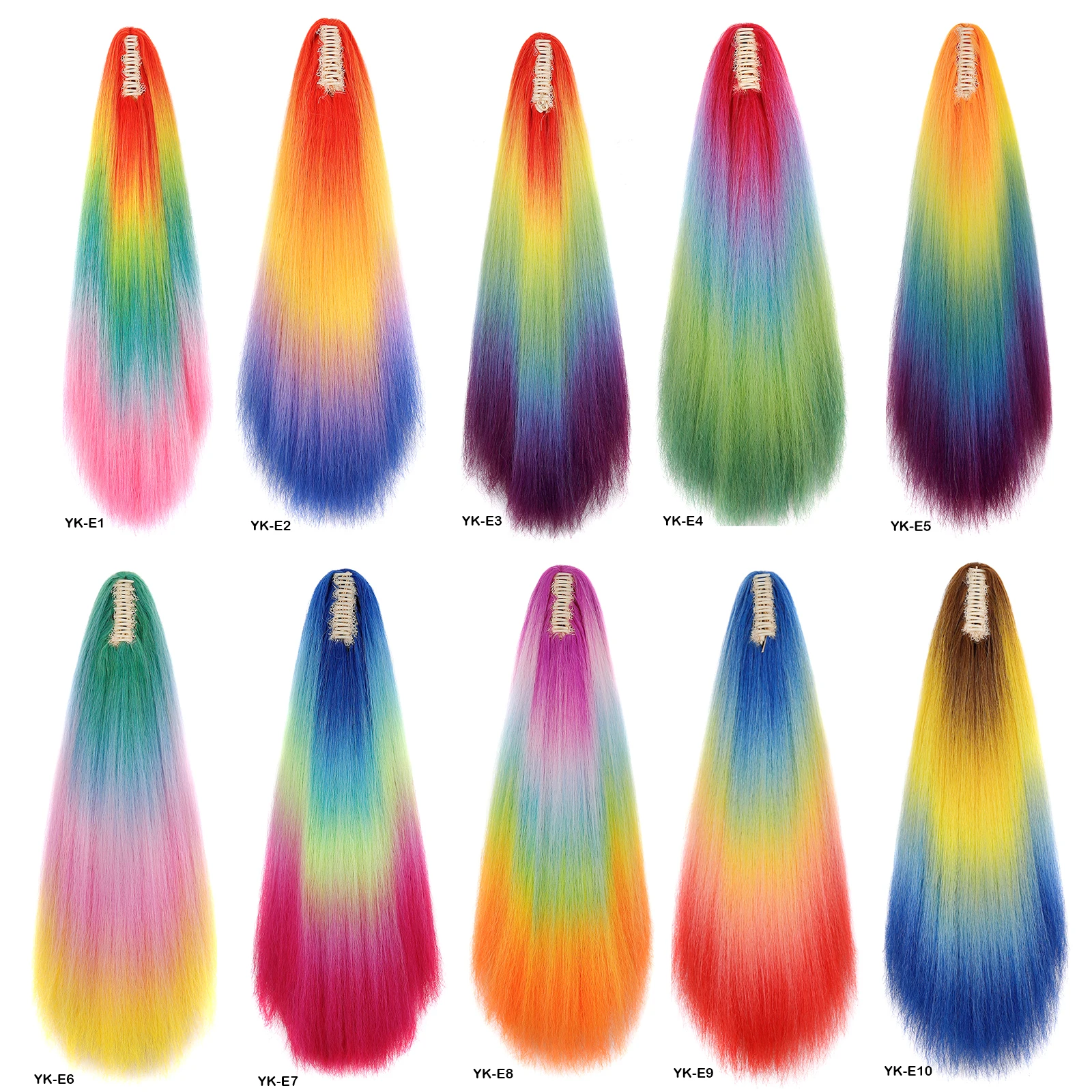 Jeedou 포니테일 헤어 익스텐션 클로 클립 온 야키 스트레이트 포니테일 레인보우 옴브레 컬러 합성 헤어피스 코스프레 가발