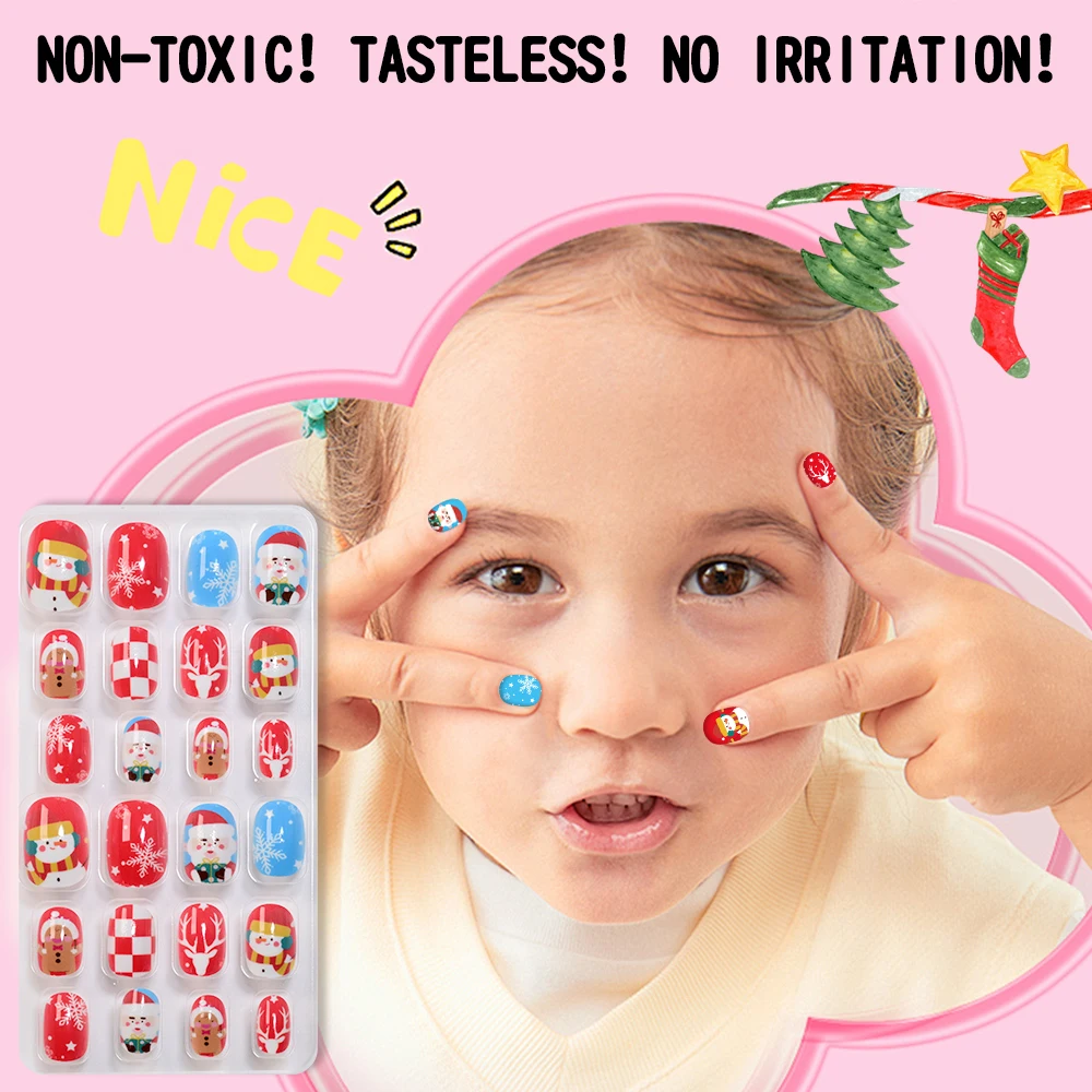 144Pcs Christmas Children False Nails Lovely Snowman Snowflakes Press On Nail Tip DIY Short Round  Kid Gifts False Nails Tips
