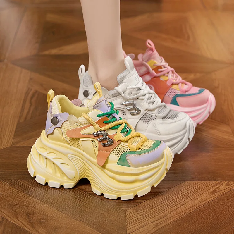 

2026 10CM Women Shoes Mixed Colors Ladies Chunky Leisure Sneakers New Summer Breathable Mesh Synthetic Leather Sports Dad Shoes