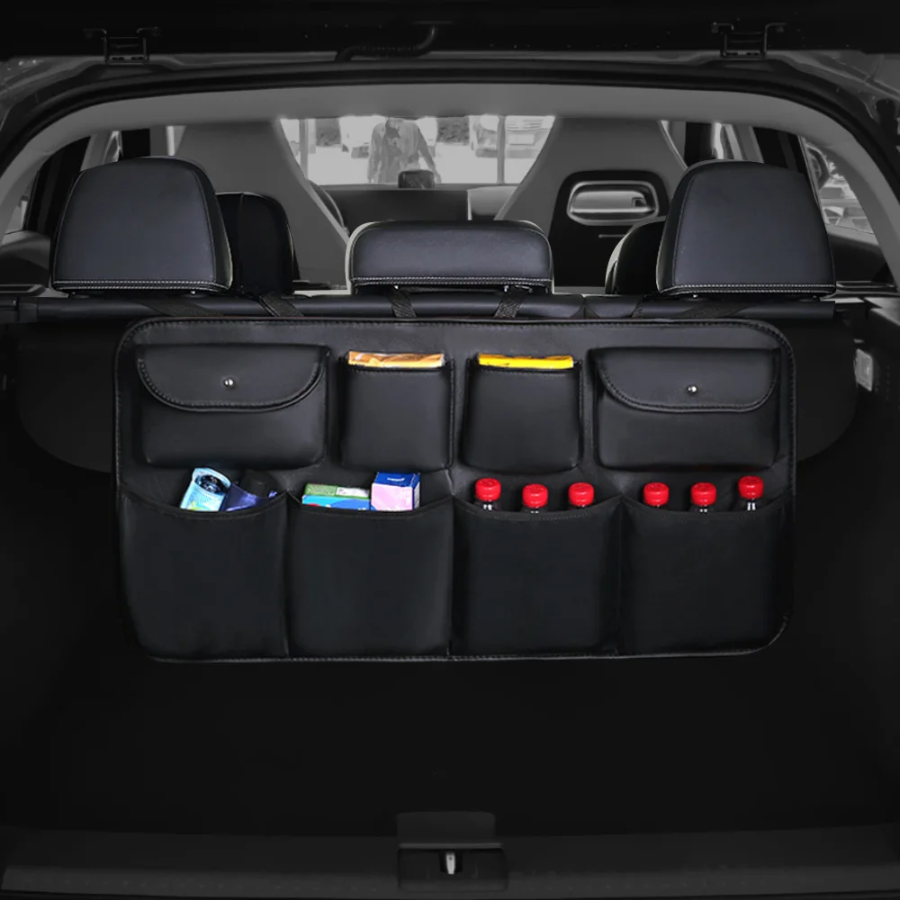 Car Styling Car Trunk Organizer Auto Stowing Tidying PU Leather Car Rear Seat Back Storage Bag Multi Hanging Nets Pocket