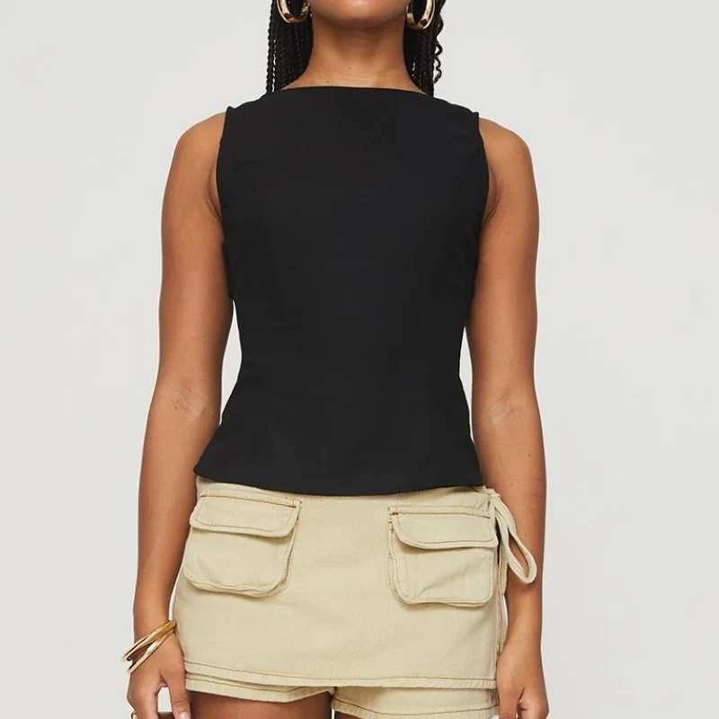 Vrouwen Zomer Crop Tank Tops Ronde Hals Mouwloos Verstelbare Grote Strik Gebonden Uitsparing Open Rug Slim Fit Vest Streetwear