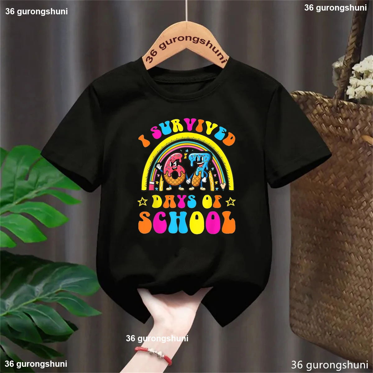 Rainbow I Survived 67 Days Of School 67 Meme Printed T Shirt Girls/Boys Funny Ice Cream Kids Clothes Kawaii Solid T-Shirt Tops