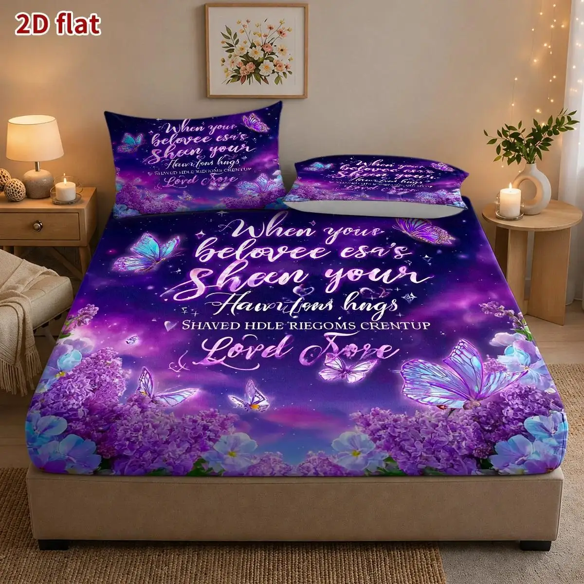 2D Digital Printed Three-Piece Bedding Set (Includes 1 Fitted Sheet + 2 Pillowcases) Mattress Protector, Fitted Elastic Style, Protective Cover, 2D Flat Priting, Mattress Protector, Dreamy Starry Sky Butterfly Pattern, Cyberpunk Futuristic Style, Halloween, Suitable for All Seasons, Machine Washable Design, Holiday Decoration, Various Sizes, Breathable Protective Cover Plus Pillowcase