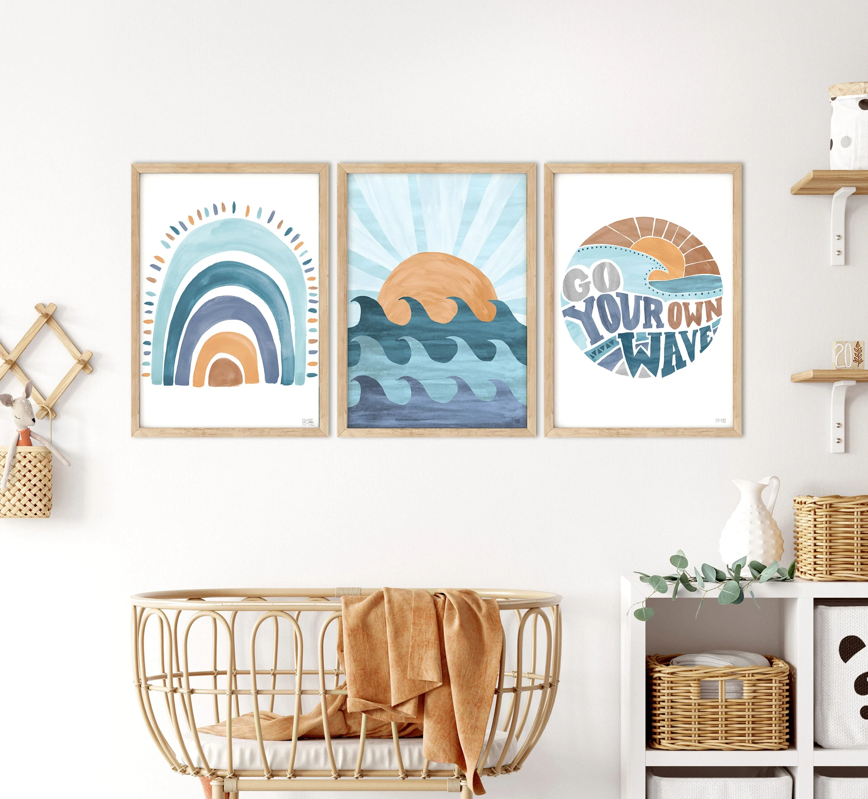Boho Coastal Rainbow Wave Wall Art Set – Watercolor Sun Ocean Prints, Nursery Girls Room Decor, Unframed Canvas Poster Gifts